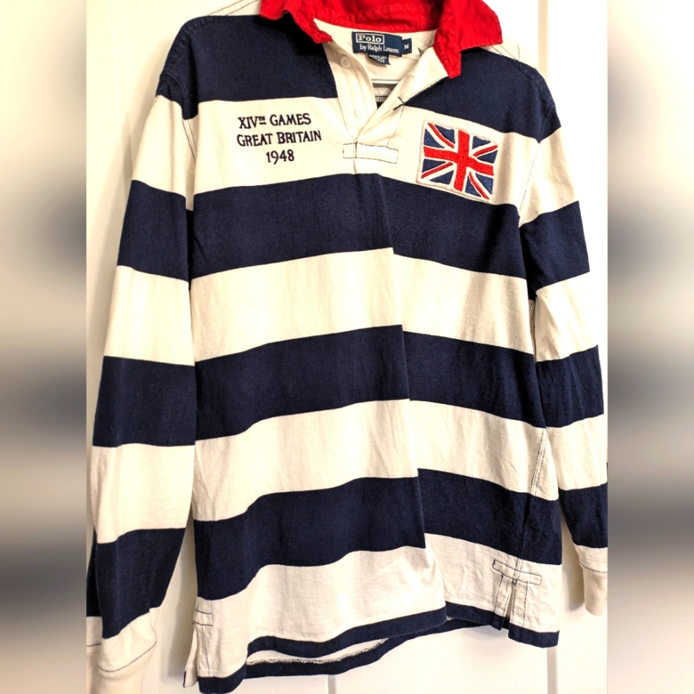 VTG Polo Ralph Lauren Mens Medium Rugby Stripe Great Britain Games XIV 1948
